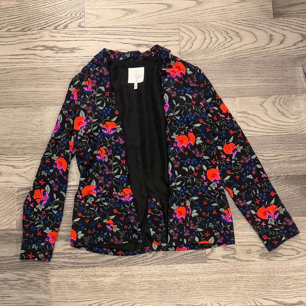Joie Black Floral Silk Blazer with Red and Pink Accents